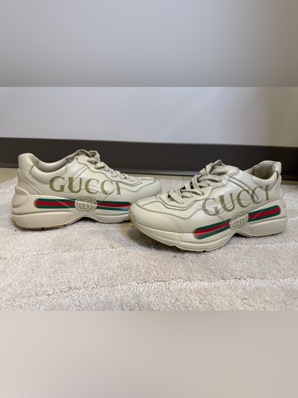 Gucci Cream Leather Sneakers with Green-Red Web Stripe